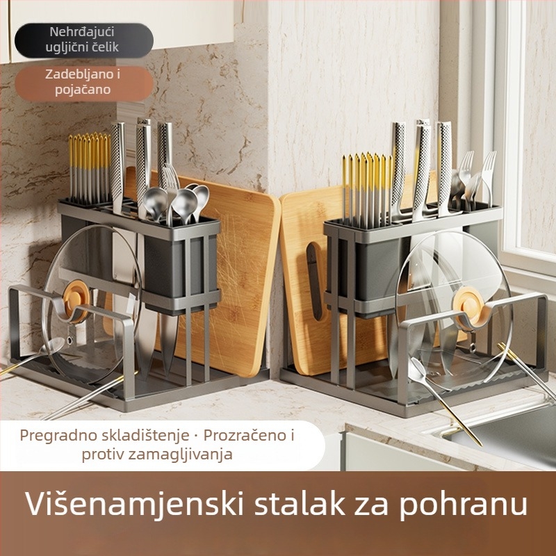 Kuhinjski stalak za noževe na ploči s integriranom daskom za rezanje i spremnikom za poklopac