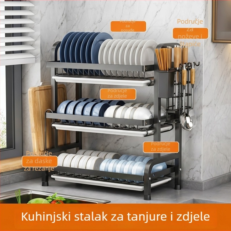 Stalak za odvod vode na kuhinjskom pultu za zdjele, tanjure, štapiće, noževe i daske za rezanje