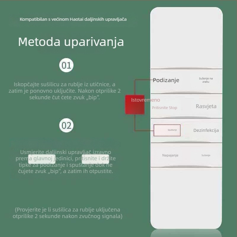 Daljinski upravljač za pametan električni stalak za sušenje odjeće s automatskim podizanjem, generacije 2–4, kompatibilan s Haotaitai, Taitaileou i Pai.