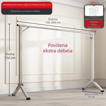 Stalak za sušenje od nehrđajućeg čelika, podni stalak s jednom šipkom, sklopiv, za unutarnju upotrebu