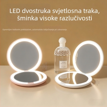 LED ogledalo za šminku s dvostrukim licem i osvjetljenjem, kompaktno kružno prijenosno ogledalo