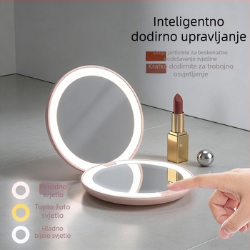 LED ogledalo za šminku s dvostrukim licem i osvjetljenjem, kompaktno kružno prijenosno ogledalo