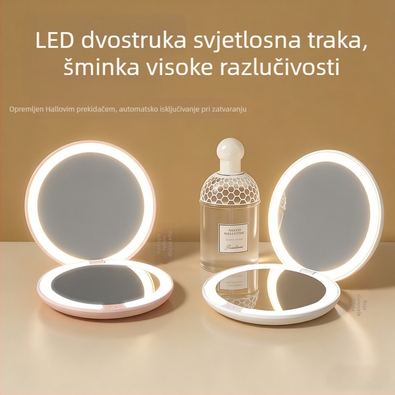 LED ogledalo za šminku s dvostrukim licem i osvjetljenjem, kompaktno kružno prijenosno ogledalo