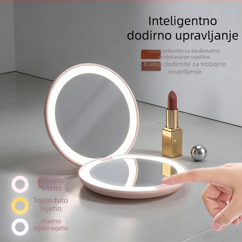 LED ogledalo za šminku s dvostrukim licem i osvjetljenjem, kompaktno kružno prijenosno ogledalo