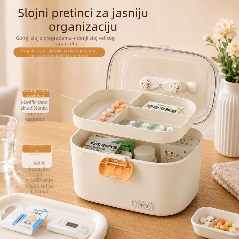 Prozirna dvostruko složena kutija za lijekove s poklopcem, četiri odjeljka, PP+PET, otporna na prašinu, za kućnu upotrebu.