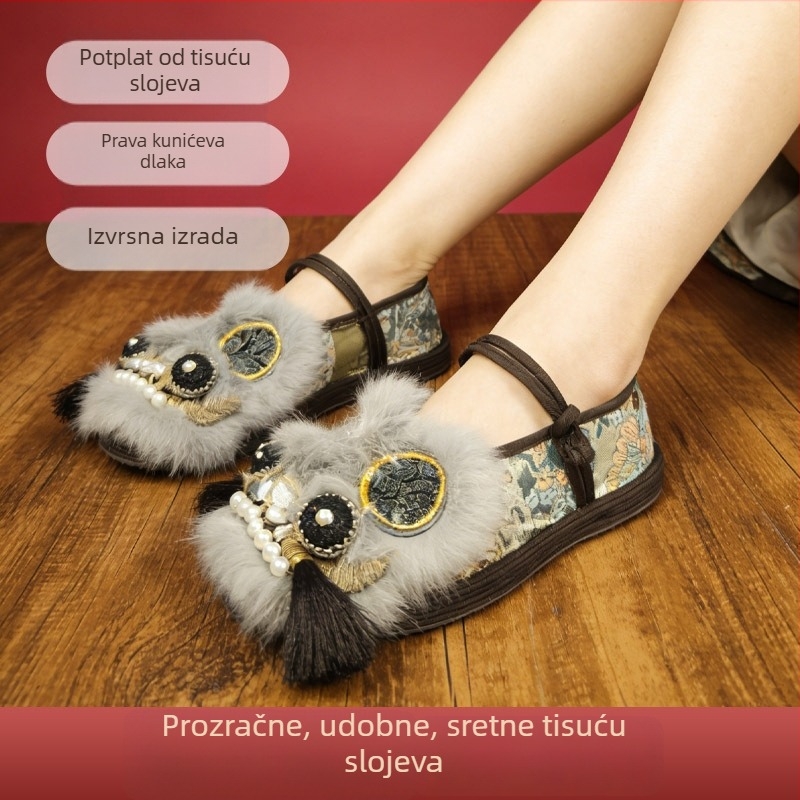 Ženske Hanfu cipele s motivom tigrove glave, ručna izrada, gornji dio od zeca krzna, potplat višeslojni, nacionalni stil, za proljeće i jesen