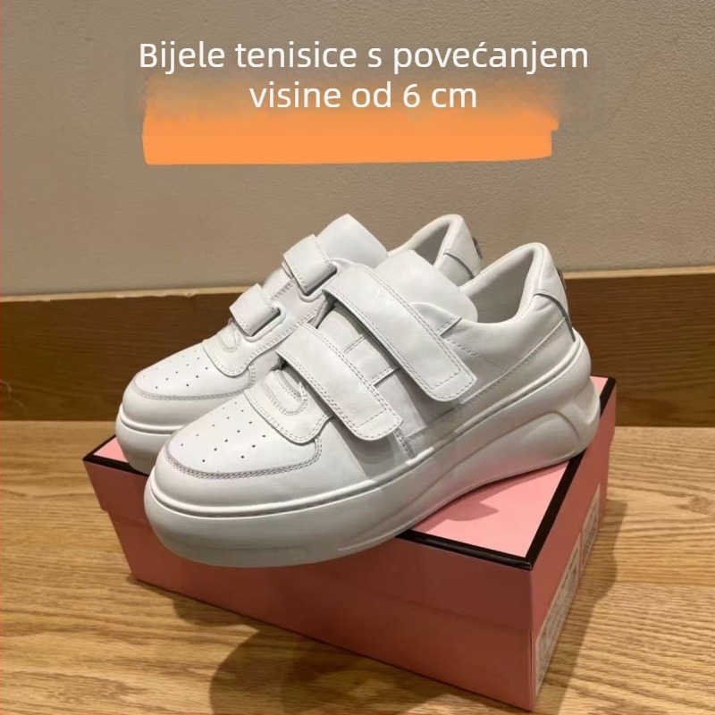 Ženske bijele kožne tenisice s Velcro zatvaračem, debeli potplat, povećanje visine, casual sportske cipele