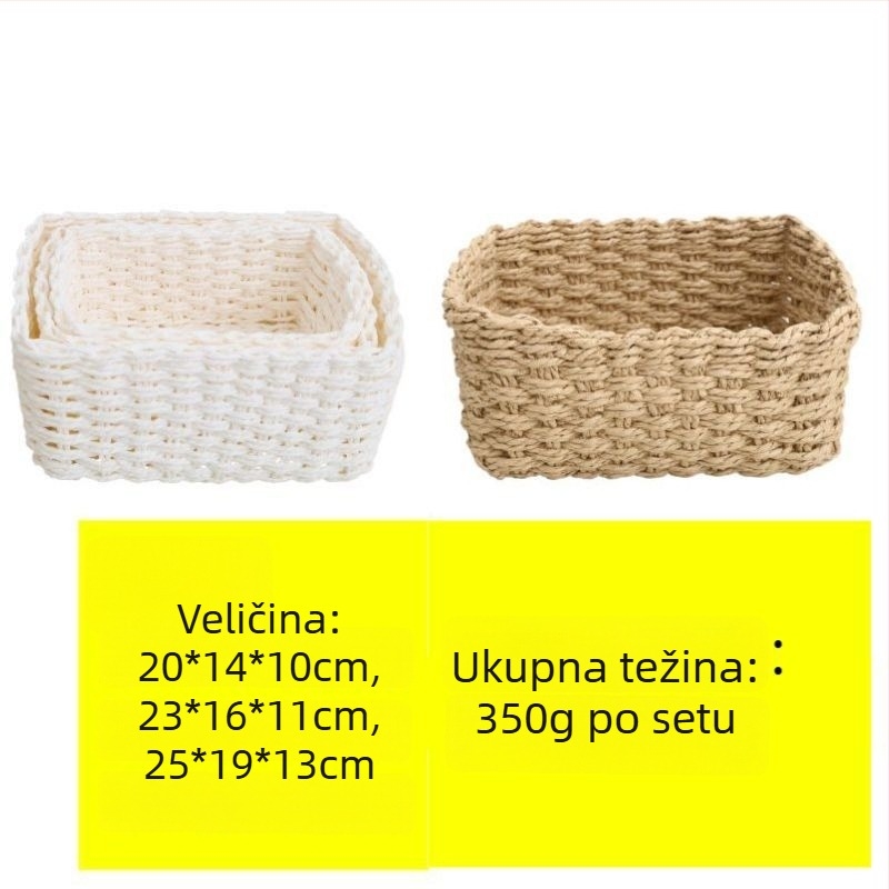 Tri košare za skladištenje od slame, ručno pletene od papirnoga užeta, bijele i krem boje