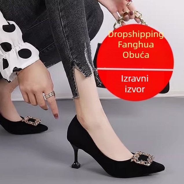 Crne ženske štikle od velura, s tankim špicastim vrhom i tankom petom – slip-on za ured
