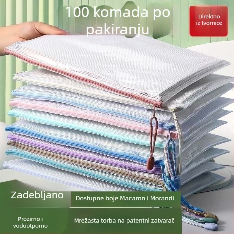 Debeli A4 mrežasta torba za dokumente sa prozirnim zatvaračem, studentski arhiv, školski materijal, pohrana ispitnih radova, vodootporna dokument torba