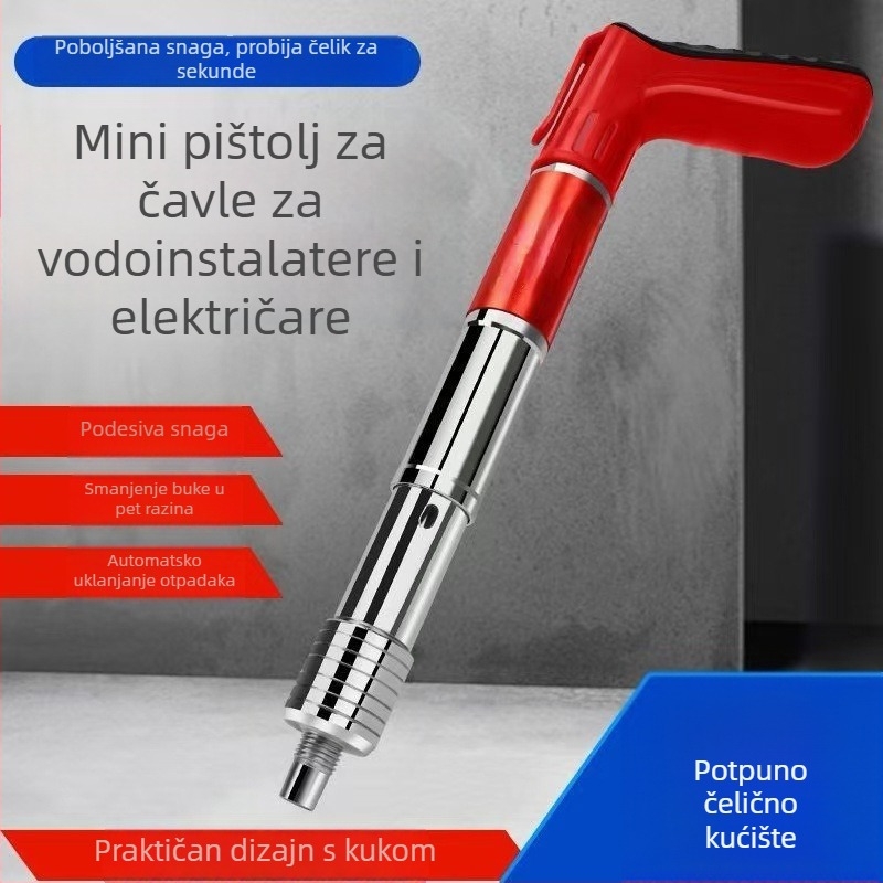 Mini pištolj za nokte od čelika s kukom u držaču i integriranim alatom za montažu