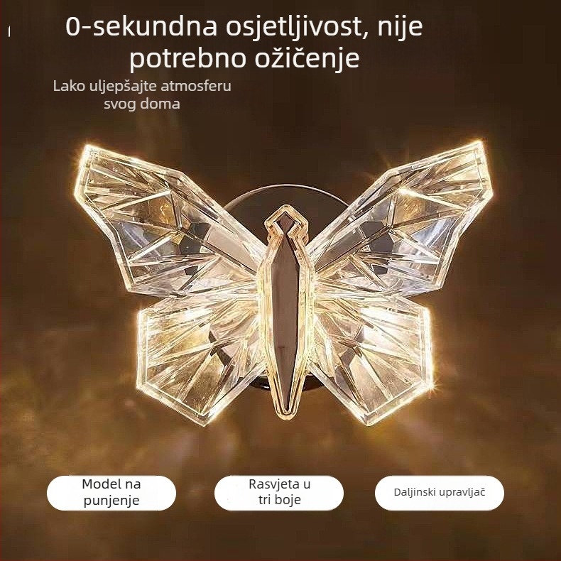 Kreativna kristalna zidna svjetiljka u obliku leptira sa senzorom pokreta, punjiva, daljinsko upravljanje, magnetsko pričvršćivanje, bez bušenja, postepeno podešavanje jačine svjetla, dekorativno ambijentalno svjetlo