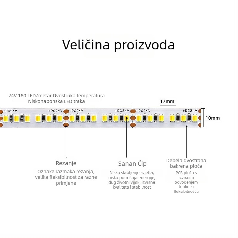 LED traka s dvostrukom temperaturom boje i trobojnim podešavanjem svjetla, 120/180 LED-a, 12/24V DC, bakreni nosači (5mm/8mm)