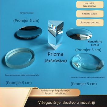 Optički set od pet dijelova za djecu: konveksno ogledalo, trouglasti prizma, konkavno ogledalo, konkavna leća i konveksna leća