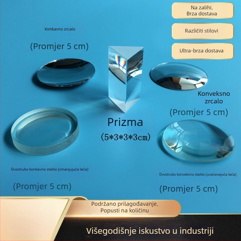 Optički set od pet dijelova za djecu: konveksno ogledalo, trouglasti prizma, konkavno ogledalo, konkavna leća i konveksna leća