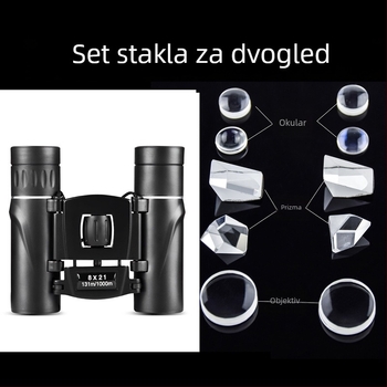 8x21 dalekozor s optičkim putem, optičke staklene leće, okular, prisma, objektiv – kompletan set