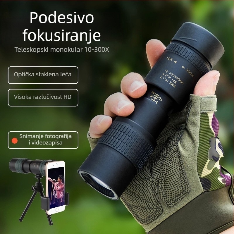 Monokularni teleskop sa zoomom 10–300×40, HD, profesionalan i prijenosan za fotografiranje mobitelom
