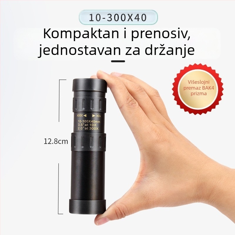 Monokularni teleskop, 10–300x zoom, 40 mm objektiv, prijenosan za fotografiranje mobilnim telefonom