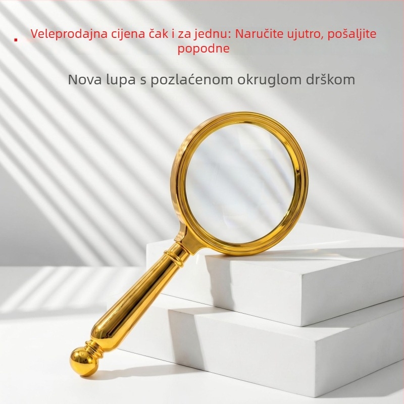 Prijenosna ručna lupa za čitanje s optičkim staklom, profesionalne klase, zlatno pozlaćena okrugla drška, za starije osobe