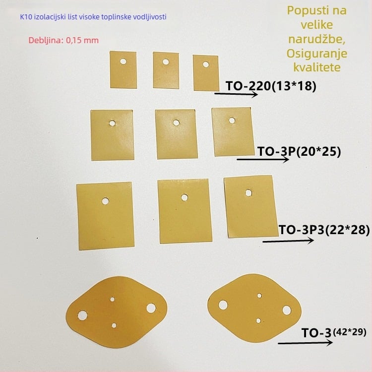K10 žuta silikonska ploča visoke toplinske vodljivosti za TO-220/TO-3P/TO-247