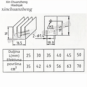 BG25 Visokoučinkoviti aluminijski ekstrudirani hladnjak s rebrima, 16,5 × 16 × 25 mm, za CPU i elektroničku opremu