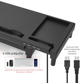KM01 ABS Podizni Stol Monitor s Prostorom za Pohranu i USB Punjenje, Nosač za Laptop, Dimenzije 52.5×23×7.5 cm