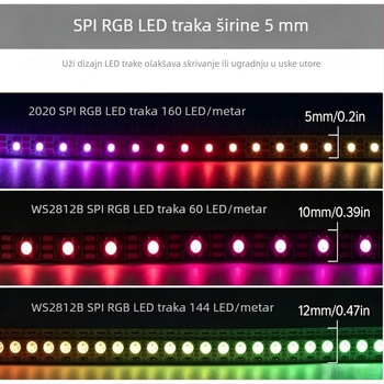 2,6 mm ultratanka RGB LED traka 0807 WS2812B, 5V, 160 LED-ova, unutrašnja rasvjeta automobila