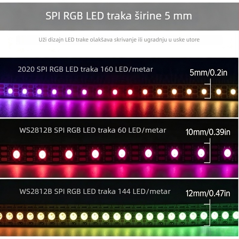 2,6 mm ultratanka RGB LED traka 0807 WS2812B, 5V, 160 LED-ova, unutrašnja rasvjeta automobila