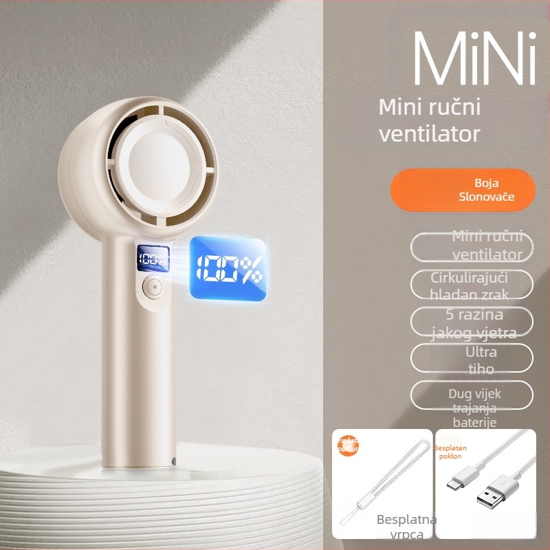 Ručni USB ventilator, mini, 5 brzina, s digitalnim zaslonom, tih