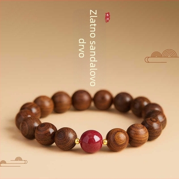 Nova narukvica od sandalovine u kineskom stilu s zlatom nitom, prirodne Buddha perle i cinabarni detalji – unisex