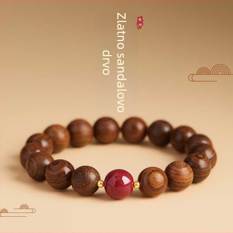 Nova narukvica od sandalovine u kineskom stilu s zlatom nitom, prirodne Buddha perle i cinabarni detalji – unisex