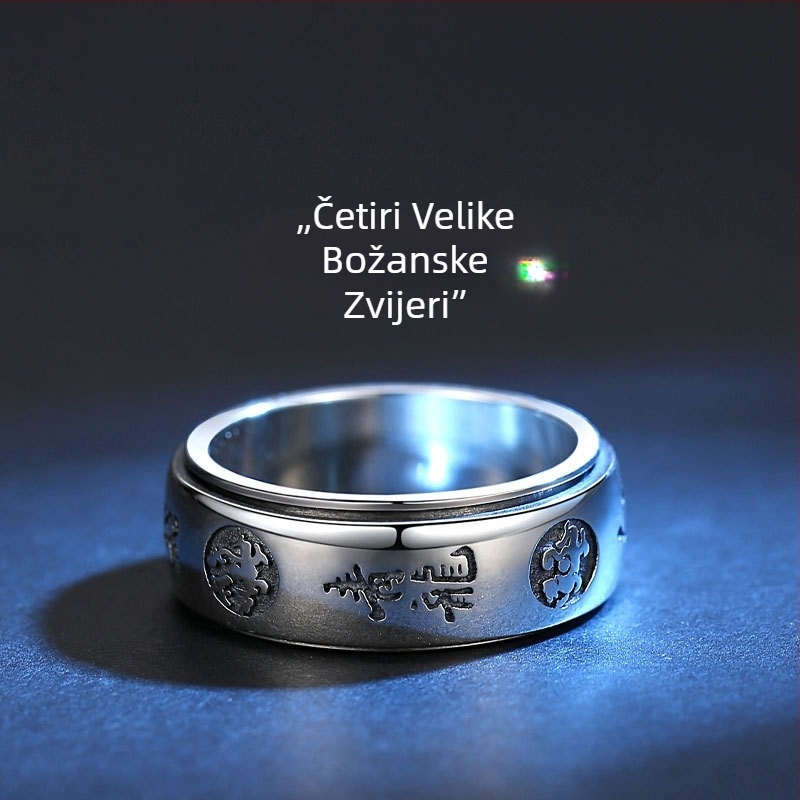 Unisex retro srebrni prsten sa širokim rotirajućim licem, ručno izrađen, sa četiri božanska zvijera.