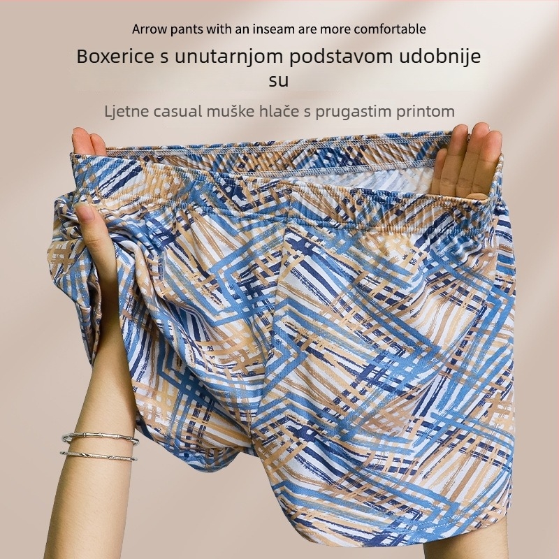 Muške tiskane pamučne casual kratke hlače s umetkom u preponama, udobne i prozračne kućne hlače.
