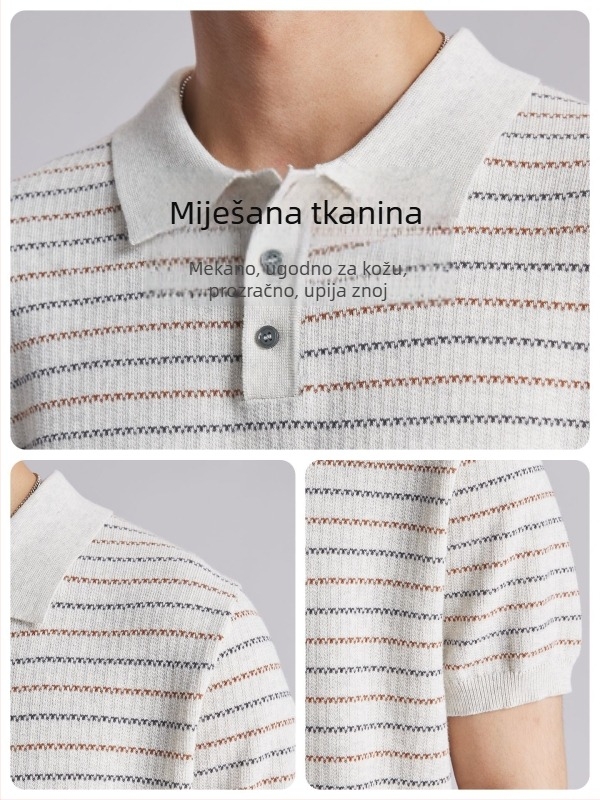 Muška polo majica s prugastom pletenom pamukom — uski kroj, kratki rukav, prozračna, ljeto, casual za posao