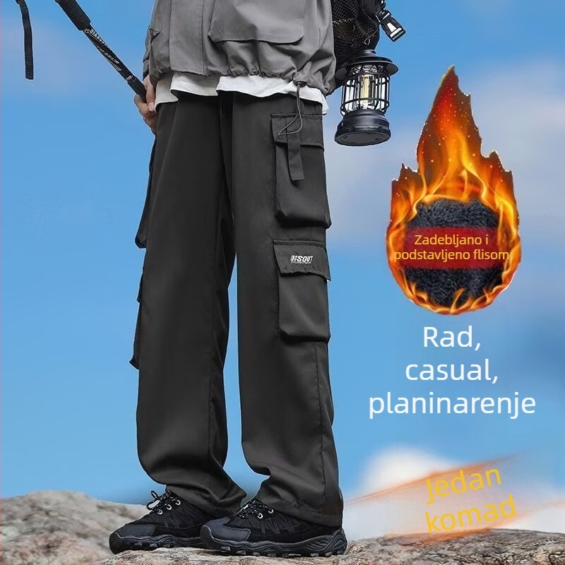 Muške cargo hlače s flisom, puno džepova, zimski stil, ravne nogavice