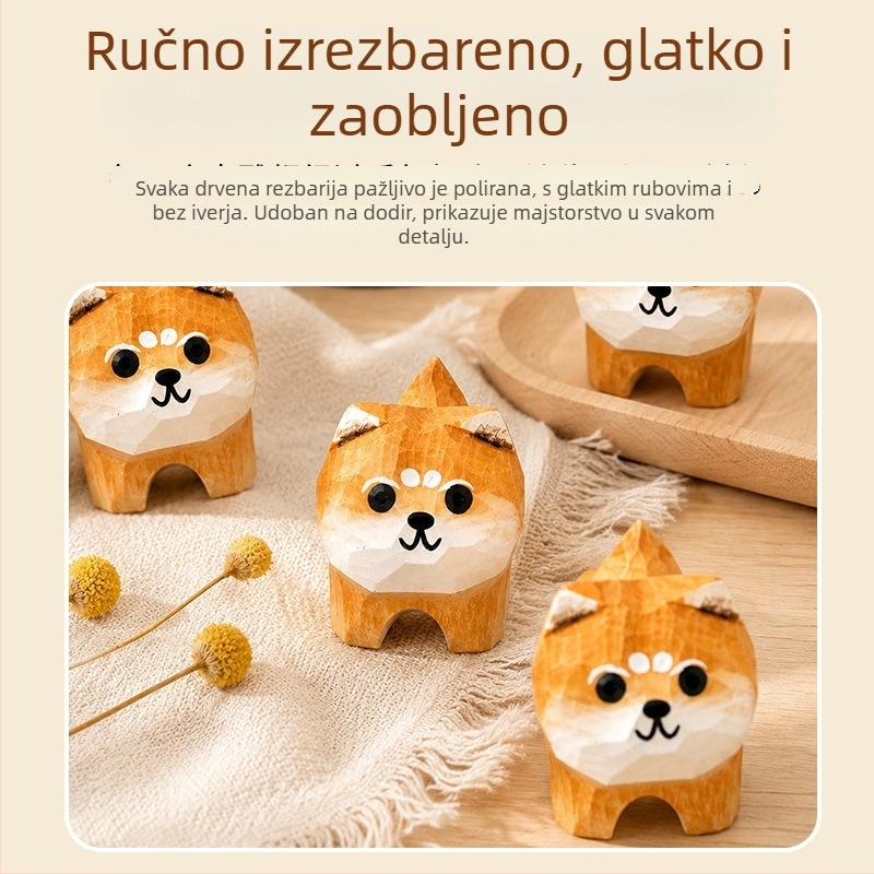 Ručna izrada drvena figurica psa – slatka chibi-stil za uređenje stola