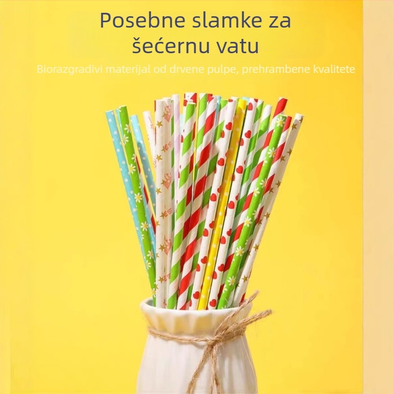 Biološki razgradiva papirnata slamčica s prugama, produžene duljine, jednokratna, 6×350 mm