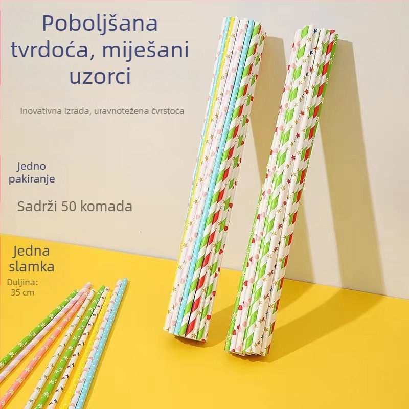 Biološki razgradiva papirnata slamčica s prugama, produžene duljine, jednokratna, 6×350 mm