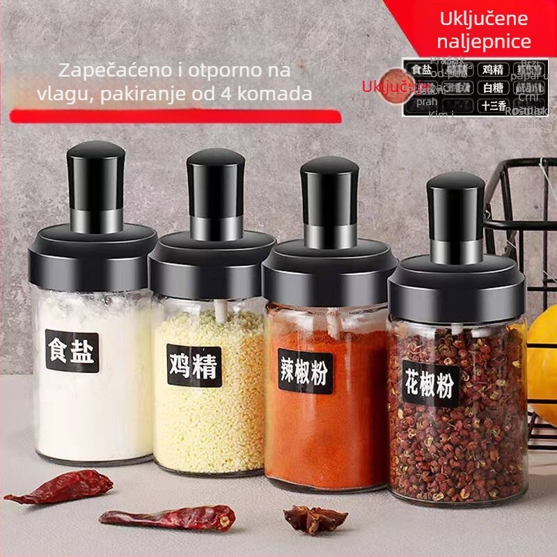 Set od 4 staklenih posuda za začine s integriranim žličicom i poklopcem, prozirno i otporno na vlagu, 250 ml po komadu