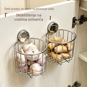 Kuhinjska košarica za skladištenje luka, đumbira i češnjaka; zidni držač na unutarnjoj strani vrata ormara; sprječava prijenos mirisa; organizirano skladištenje đumbira, češnjaka i čili papričica.