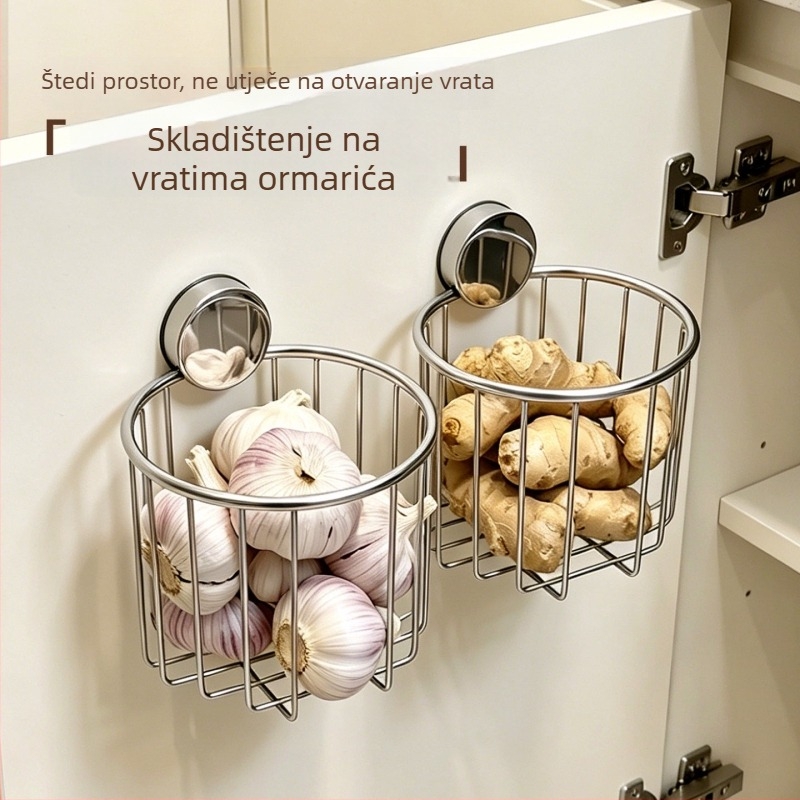 Kuhinjska košarica za skladištenje luka, đumbira i češnjaka; zidni držač na unutarnjoj strani vrata ormara; sprječava prijenos mirisa; organizirano skladištenje đumbira, češnjaka i čili papričica.