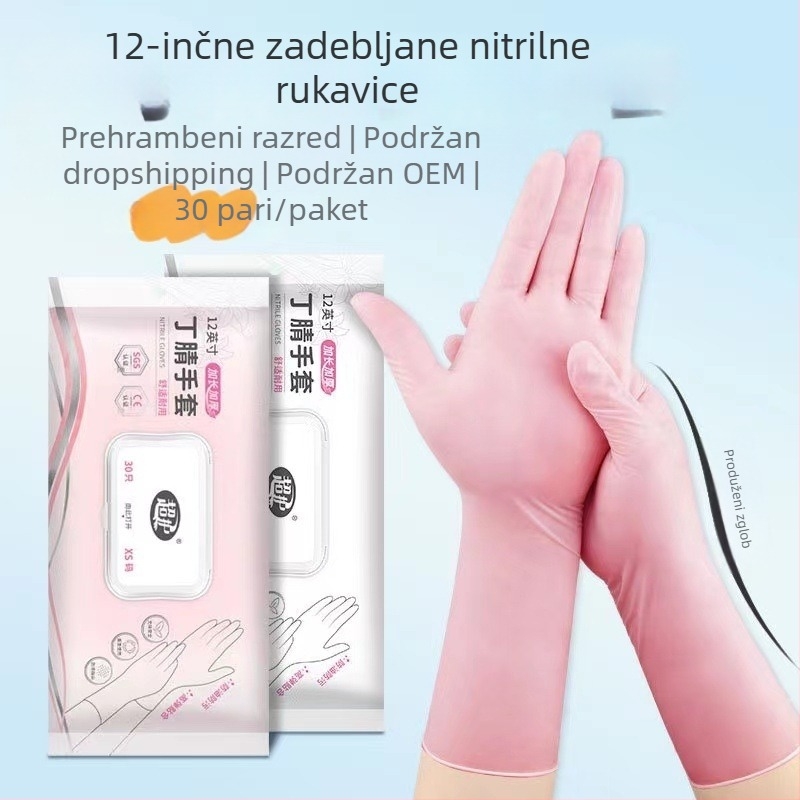 Jednokratne nitrilne rukavice s produženim krojem za pranje posuđa, za žene, kućno čišćenje u kuhinji, izdržljive, prehrambene klase, udobne, tanke