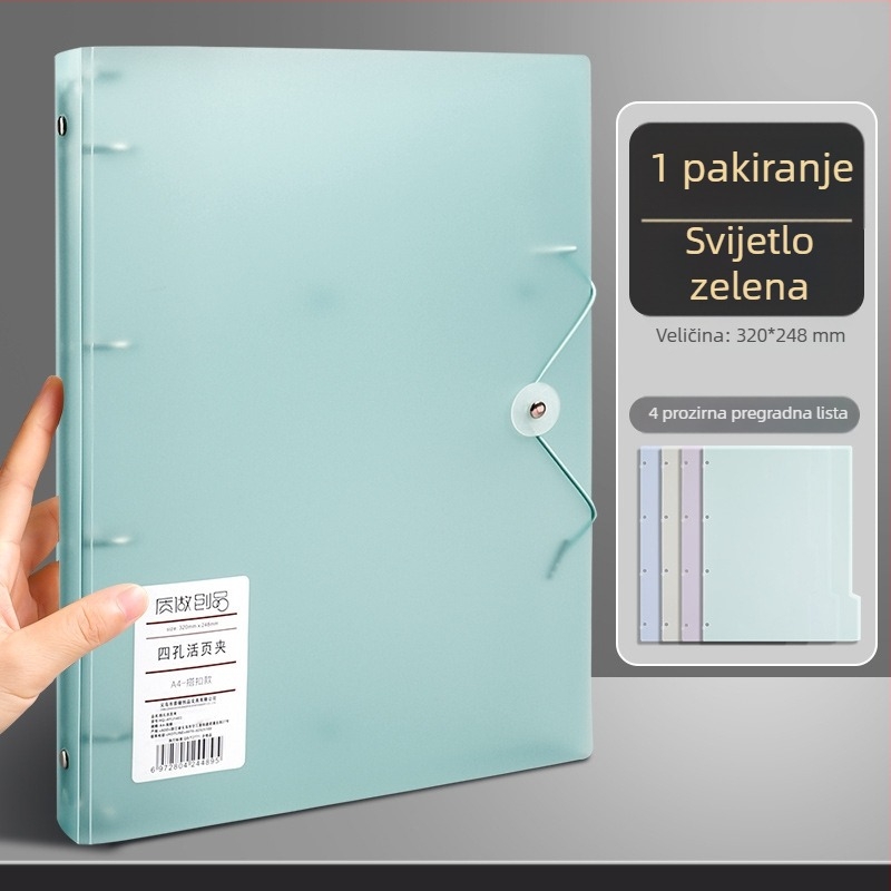 A4 bilježnica s četiri rupe, za učenike srednje i osnovne škole, jednostavna organizacija.