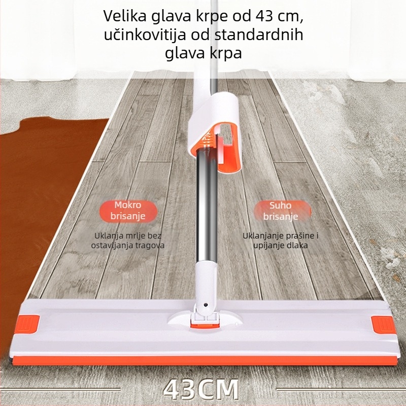 Ploški mop s rotirajućom glavom, teleskopska drška od nehrđajućeg čelika, velika glava 43 cm, mikrovlakana podloga