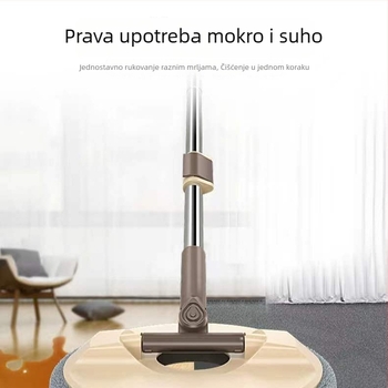 Rotirajući mop bez dodirivanja, s ugrađenim spremnikom za pranje i cijepanje te odjeljivanjem prljave vode; teleskopska drška 100–120 cm; glava od mikrovlakana