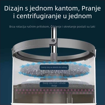 Rotirajući mop bez dodirivanja, s ugrađenim spremnikom za pranje i cijepanje te odjeljivanjem prljave vode; teleskopska drška 100–120 cm; glava od mikrovlakana