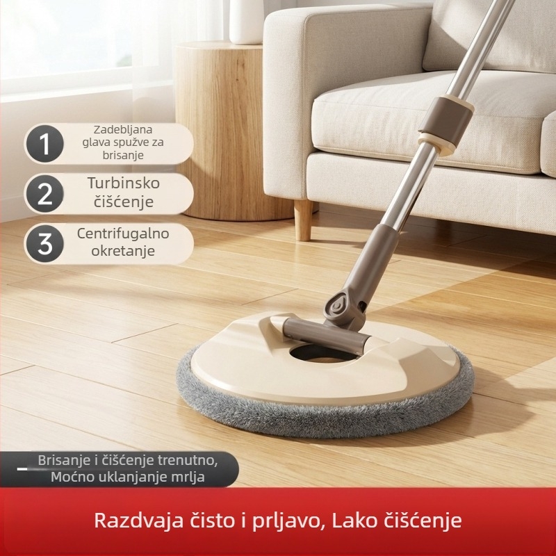 Rotirajući mop bez dodirivanja, s ugrađenim spremnikom za pranje i cijepanje te odjeljivanjem prljave vode; teleskopska drška 100–120 cm; glava od mikrovlakana