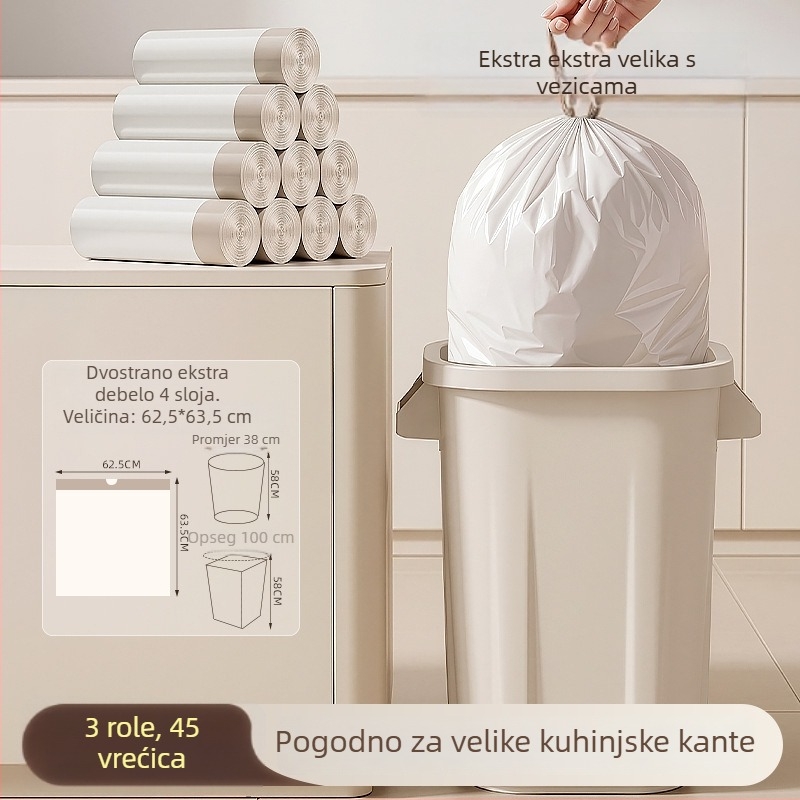 Debele vrećice za smeće za kućnu upotrebu, velike veličine, s vrpcom, jednokratne kuhinjske vrećice, 3-slojne plastične vrećice
