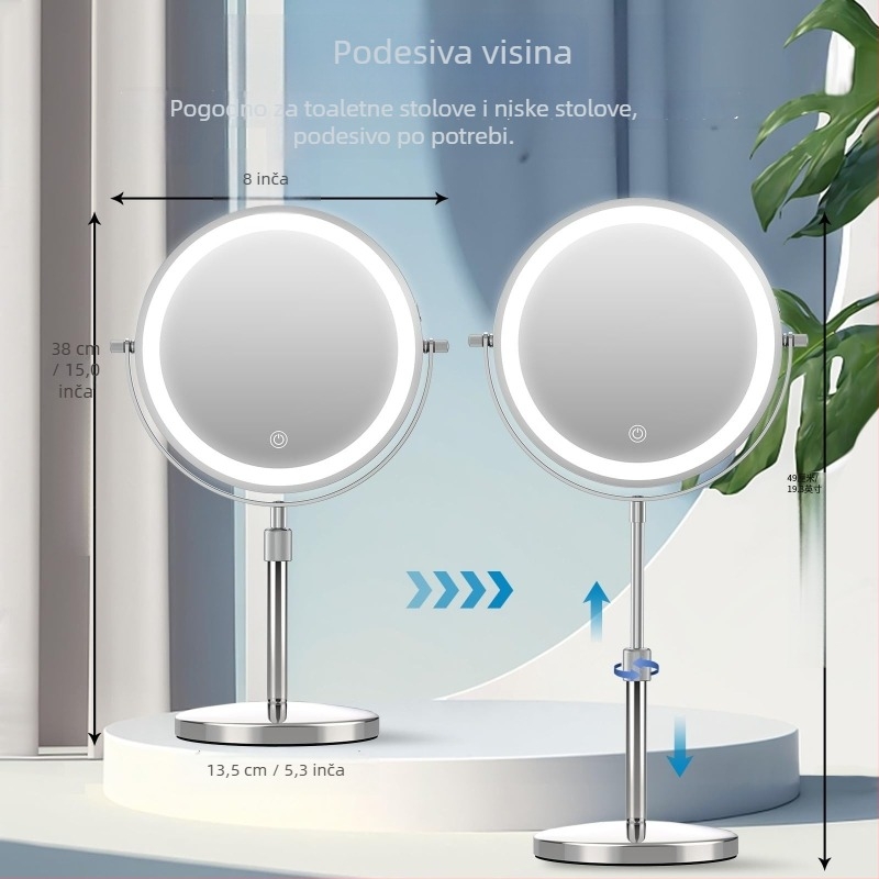 Prilagodljivo metalno ogledalo za šminkanje, stolno teleskopno ogledalo sa svjetlom, HD ogledalo, punjivo ogledalo za ljepotu