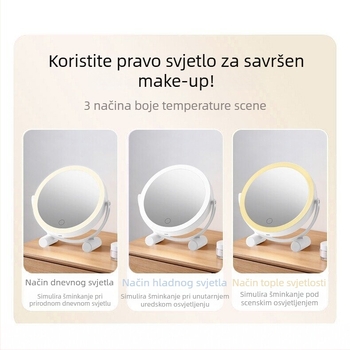 LED ogledalo za šminku sa svjetlom, 360° dvostrano okretno, promjenjiva svjetlina, prijenosno stolno ogledalo